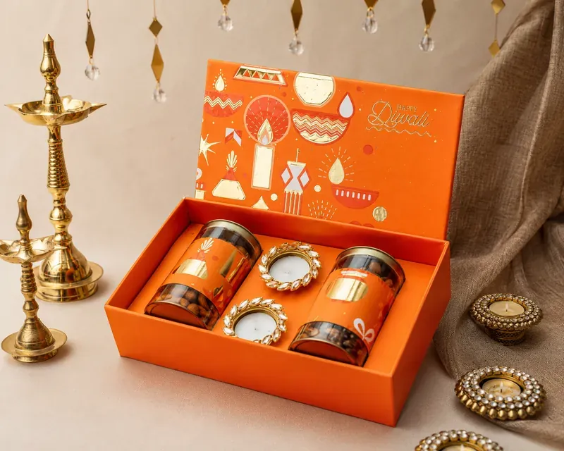 Open view of Diwali Shubh Labh box with assorted premium dry fruits and festive accessories inside