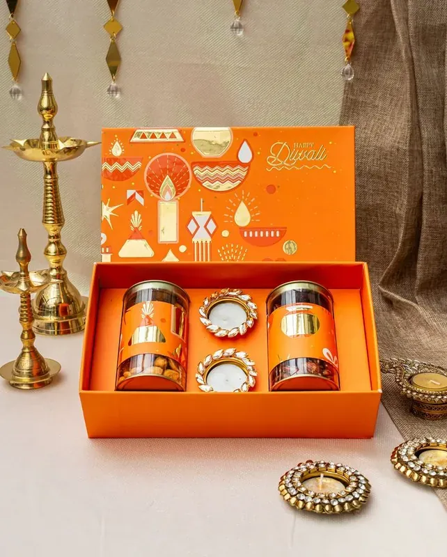 Close-up of Shubh Labh Diwali gift box traditional motifs, gold lettering, and premium finish