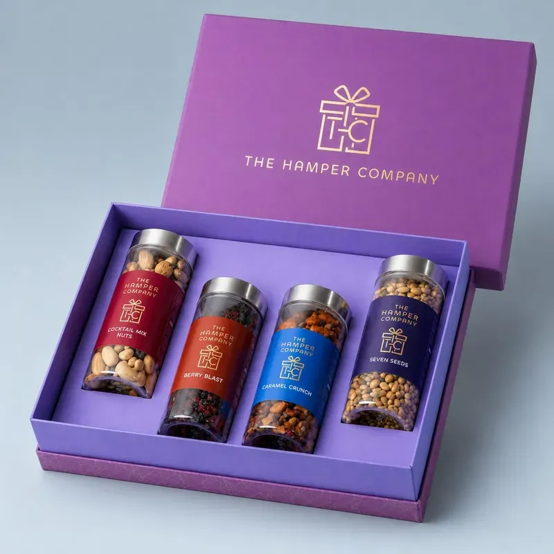 Close-up of premium seeds and berries corporate gift box with minimalist branding and kraft paper finish