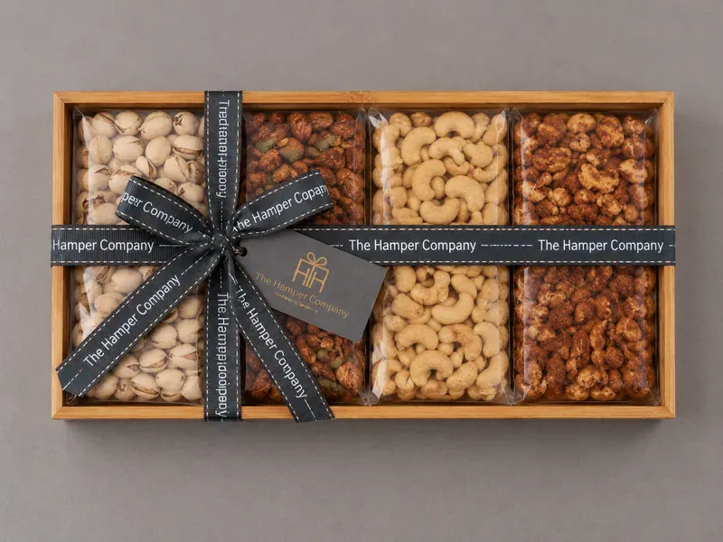 Premium dry fruits wooden platter with almonds, cashews, pistachios, and walnuts — luxury Diwali corporate gift India