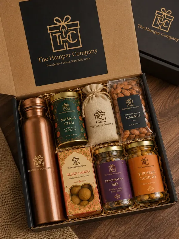 Classic Indian wellness and gourmet hamper with Ayurvedic products, teas, and healthy snacks — premium corporate gift India