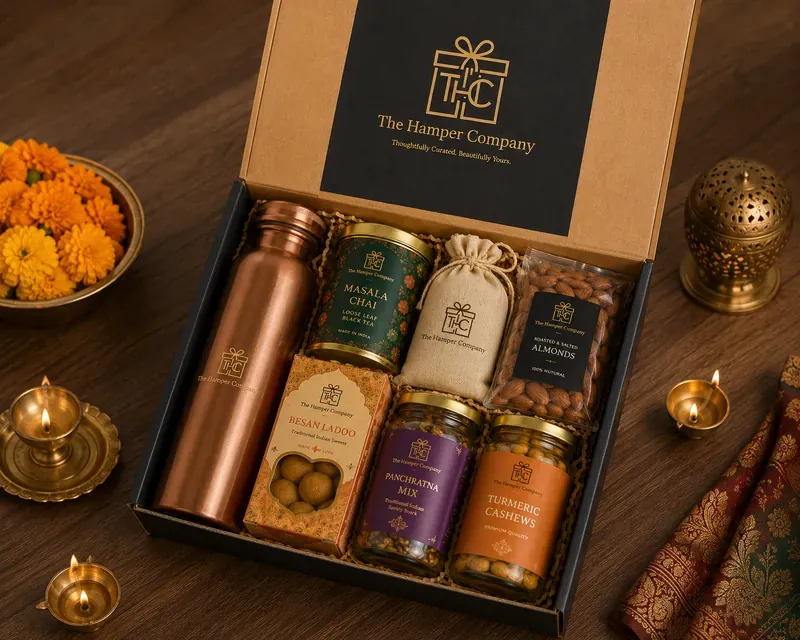 Inside view of wellness and gourmet hamper showing organic honey, herbal tea, and artisanal granola arrangement