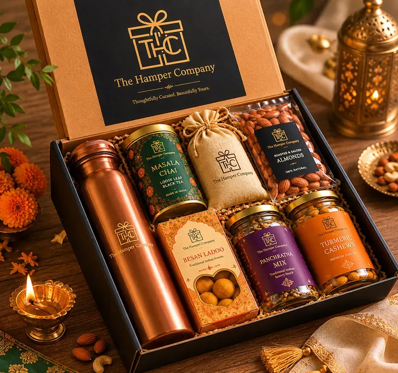 Close-up of Classic Indian wellness hamper premium packaging with gold foil branding and kraft box