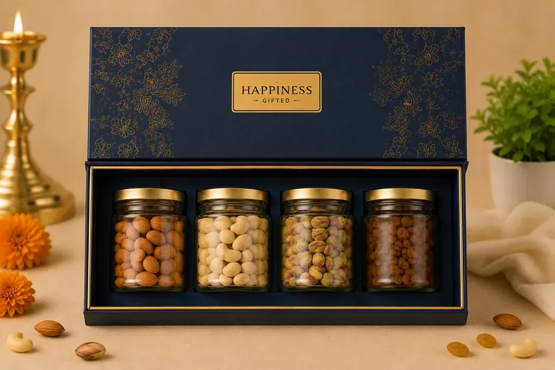 Open view of Happiness Gifted dry fruits box showing four-compartment premium nut assortment