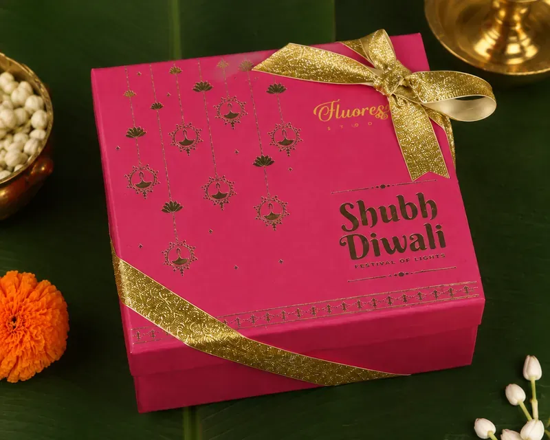 Inside view of fluorescent Diwali festive box showing Rajnigandha dhoop cones and rose petal candle cup