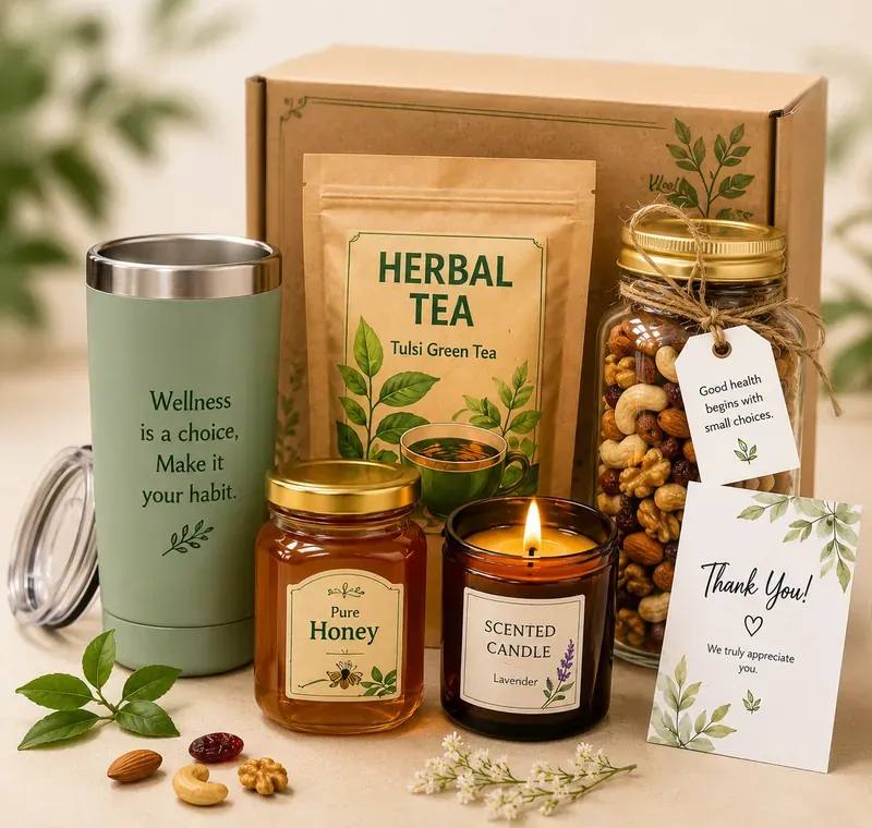 Wellness green tea and organic honey gift box — healthy corporate wellness hamper India