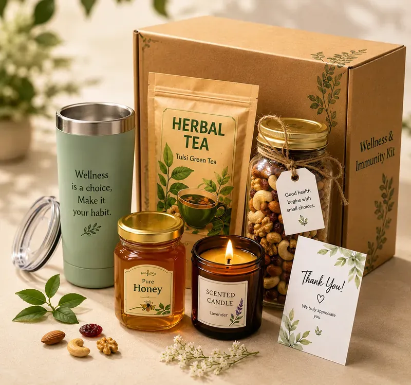 Inside view of green tea and honey wellness box showing premium organic tea sachets and raw honey jar