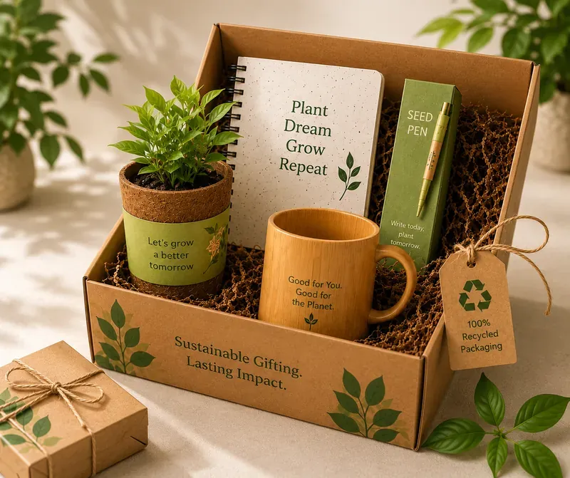 Inside view of eco-wellness gift box showing bamboo products, organic snacks, and seed-paper stationery