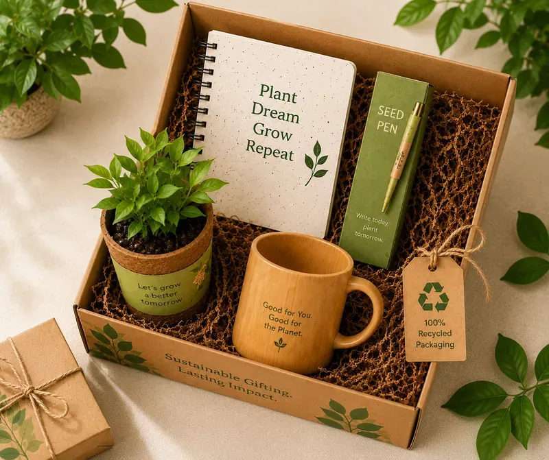 Close-up of sustainable eco-wellness box premium kraft packaging with plantable seed tag and jute ribbon