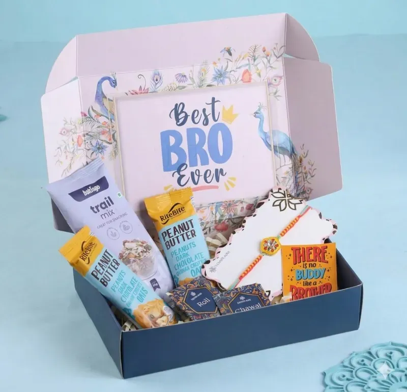 Close-up of branded Best Bro Ever Rakhi gift box with festive ribbon and premium packaging