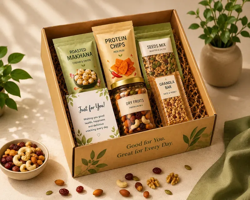 Gourmet healthy snacking hamper with trail mix, granola bars, and organic nuts — premium corporate gift India
