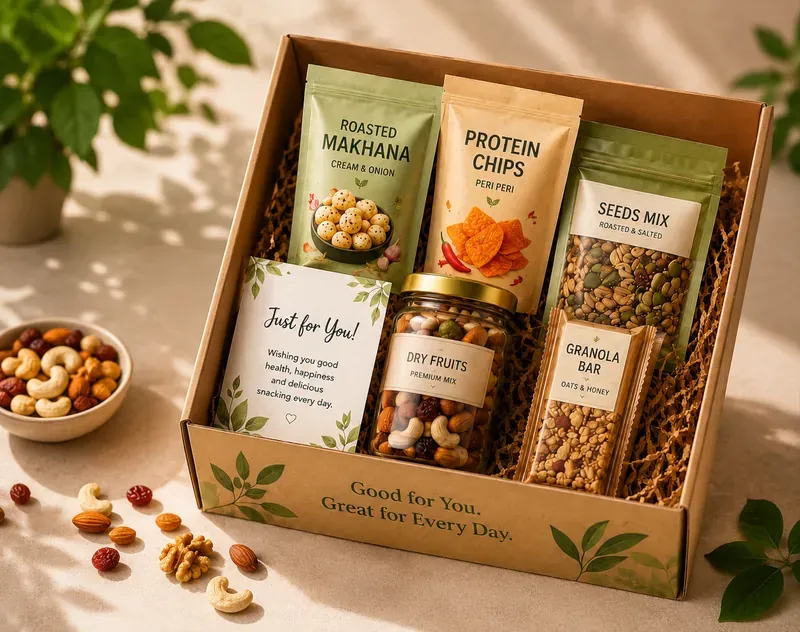 Top view of gourmet healthy snacking hamper showing assorted artisanal snacks and superfood mixes