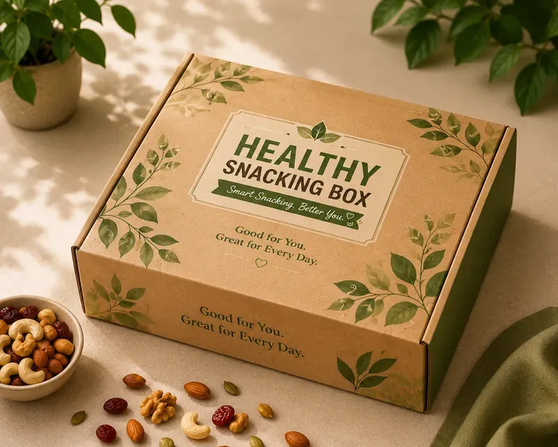 Close-up of gourmet healthy snacking gift hamper premium packaging with nutritional labels and kraft wrap