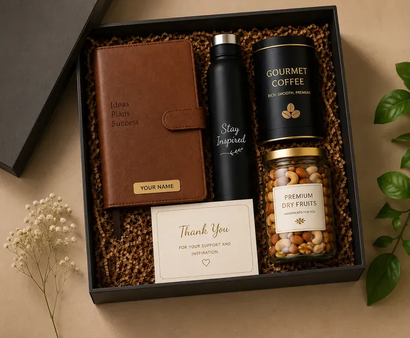 Classic executive coffee and wellness kit with premium coffee beans, mug, and wellness products — corporate gift India