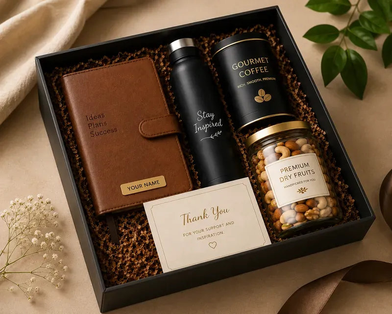 Inside view of executive coffee and wellness kit showing artisanal coffee, ceramic dripper, and organic honey