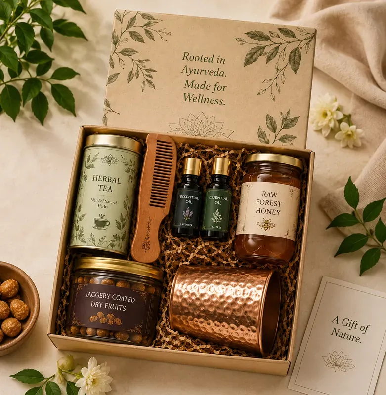 Premium Ayurvedic wellness hamper with herbal teas, organic oils, and traditional wellness products — corporate gift India