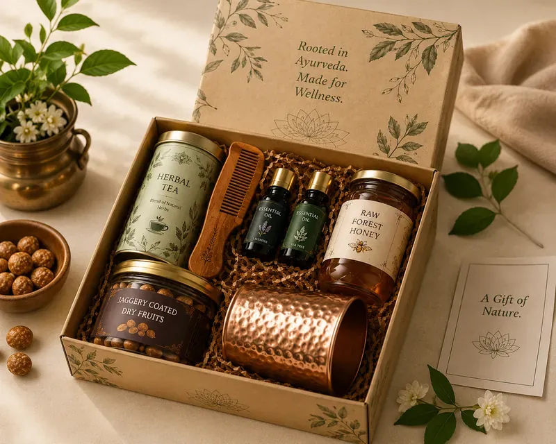 Inside view of Ayurvedic wellness hamper showing curated herbal products, chyawanprash, and copper water bottle