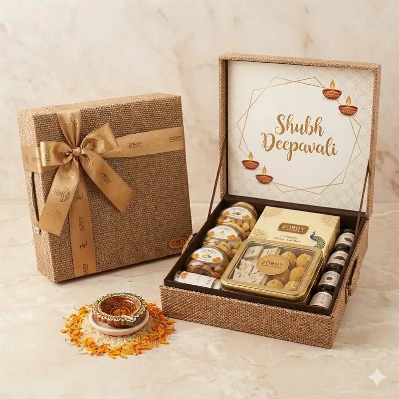 Top view of Happy Rakhi Celebrations hamper showing assorted gourmet snacks and dry fruits inside