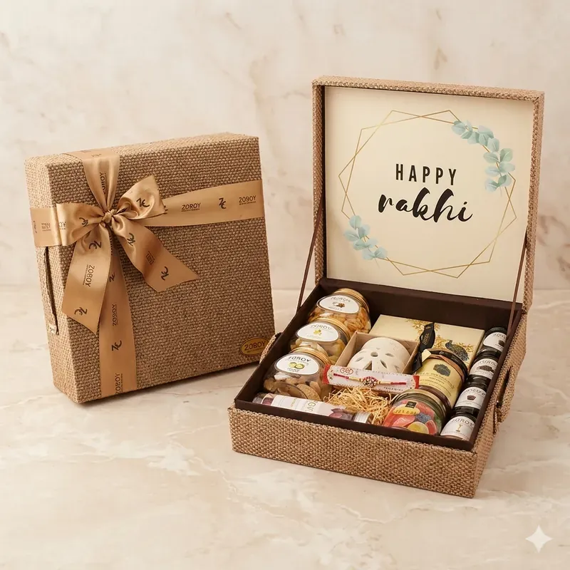 Happy Rakhi Celebrations gift hamper with premium box packaging and gold ribbon detail