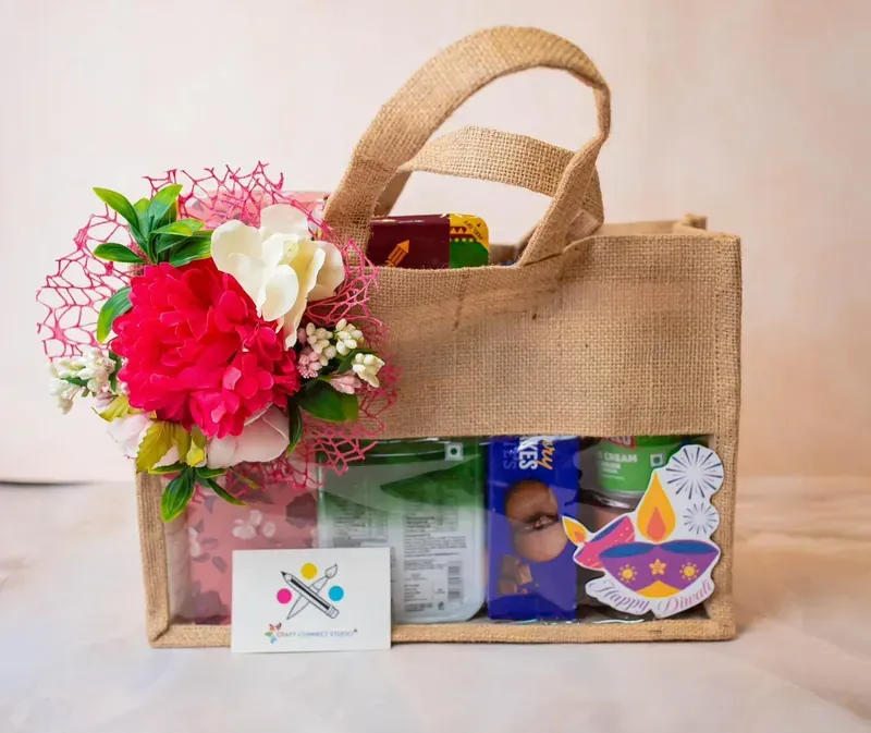Festive jute bag gift hamper with eco-friendly packaging — sustainable corporate Diwali gift India