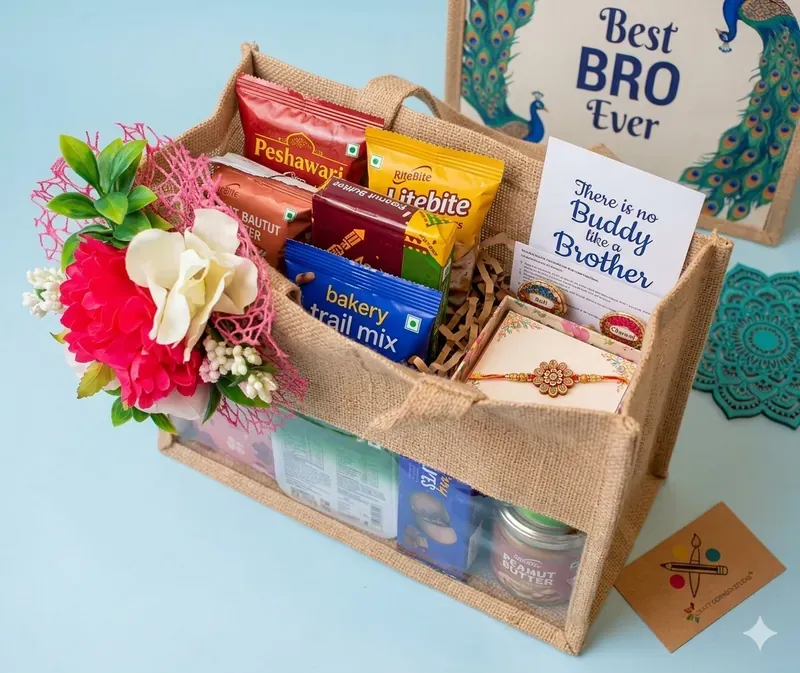 Inside view of festive jute bag hamper showing gourmet snacks, dry fruits, and artisanal products