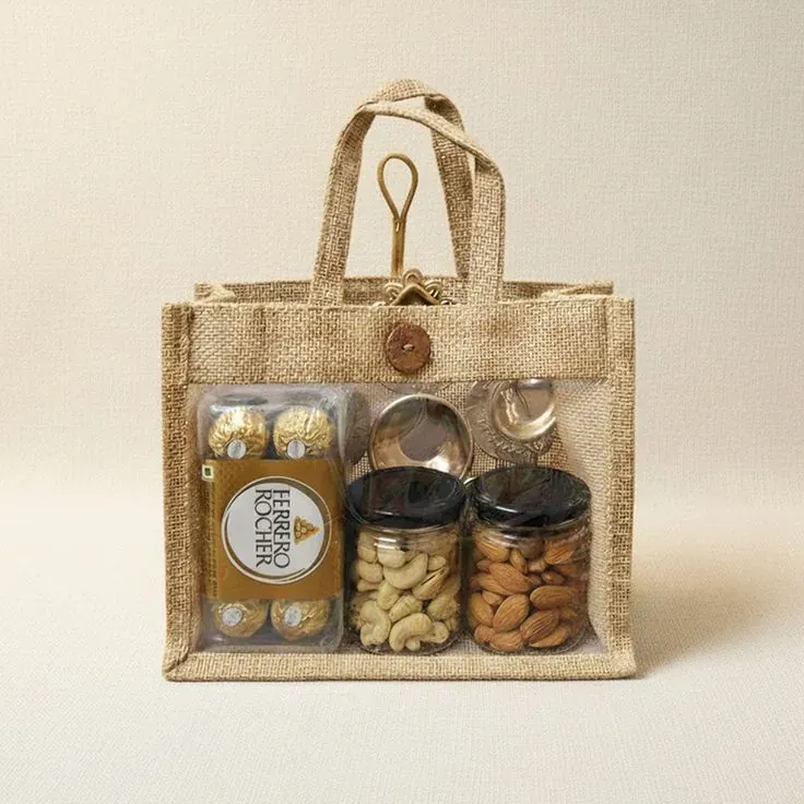 Eco-friendly jute bag gift hamper ready for corporate festive gifting with custom branding options