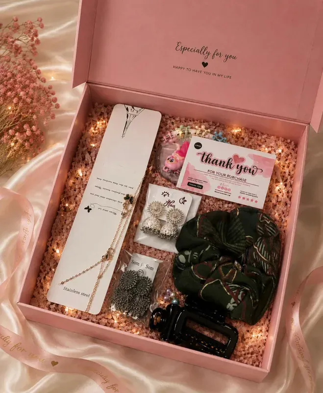 Women's accessories gift box with premium cosmetics, skincare, and wellness products — luxury corporate gift India