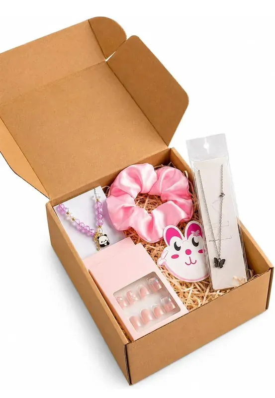 Close-up of women's accessories corporate gift box with elegant packaging and satin ribbon