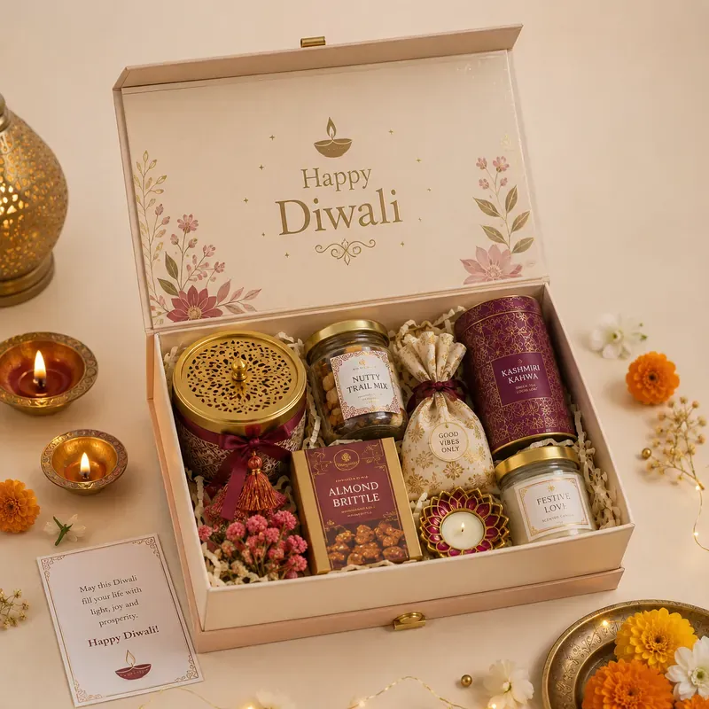 Happy Diwali premium drawer box with dry fruits, sweets, and brass diyas — luxury Diwali corporate gift hamper India
