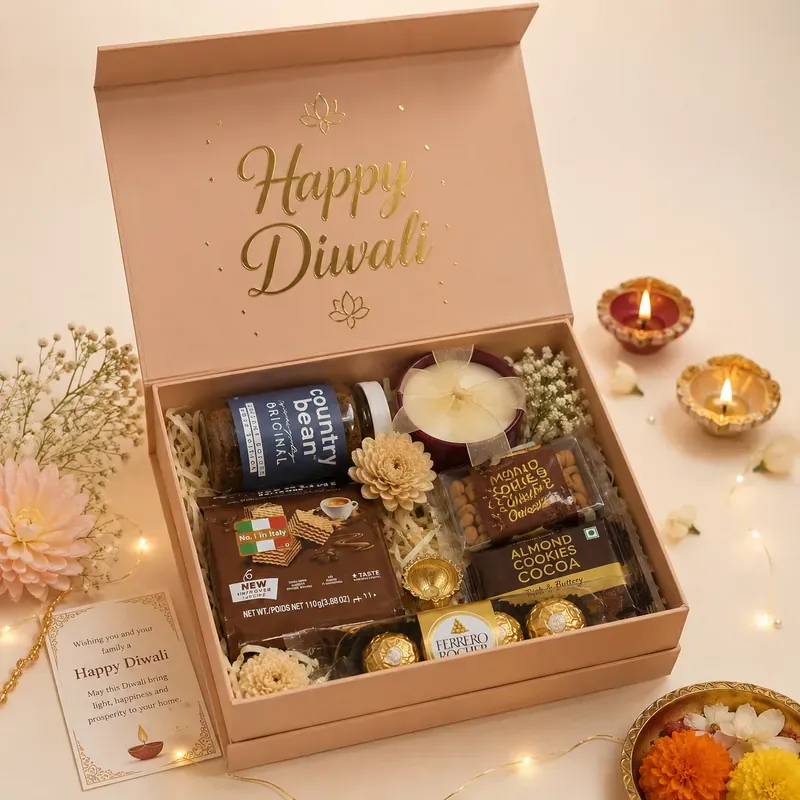 Open view of Happy Diwali premium drawer box revealing assorted dry fruits, mithai, and festive accessories