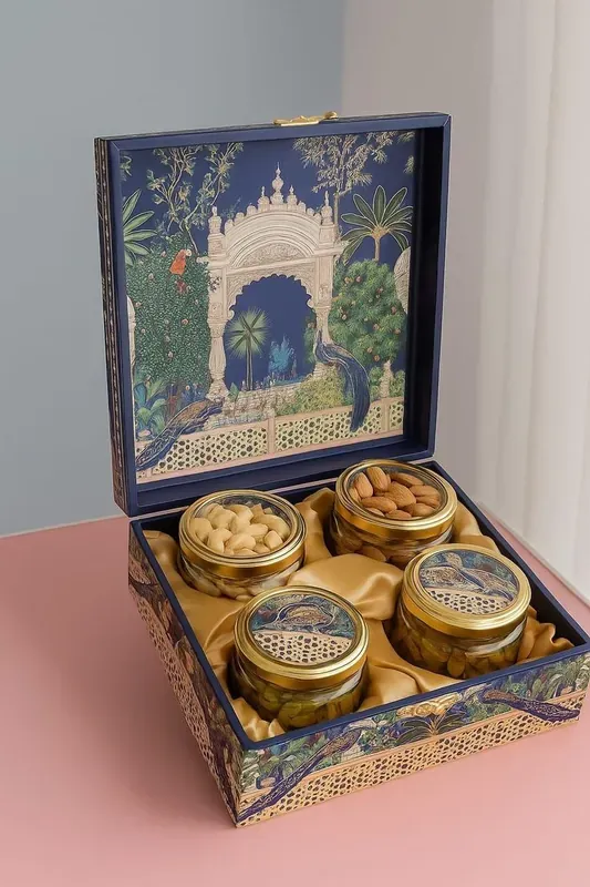 Open view of Royal Mughal heritage box showing assorted premium dry fruits in compartments