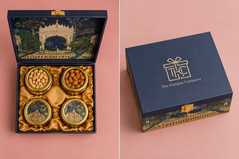 Close-up of Mughal heritage dry fruit gift box brass finish and intricate artisanal detailing