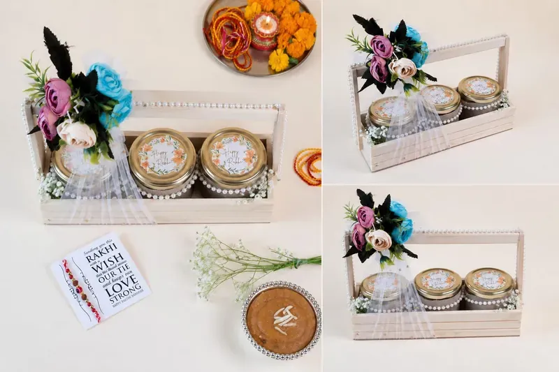 Rakhi Gift Crate - Pinewood Box with Snacks by The Hamper Company — ₹1,199 onwards, custom branded, PAN India delivery