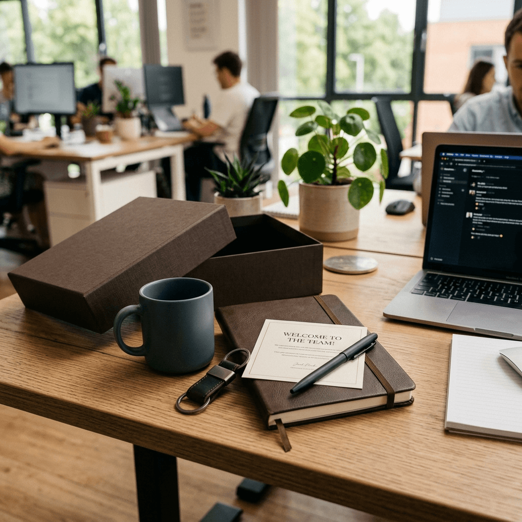 Employee welcome kit spread with branded notebook, tumbler, and tech accessories